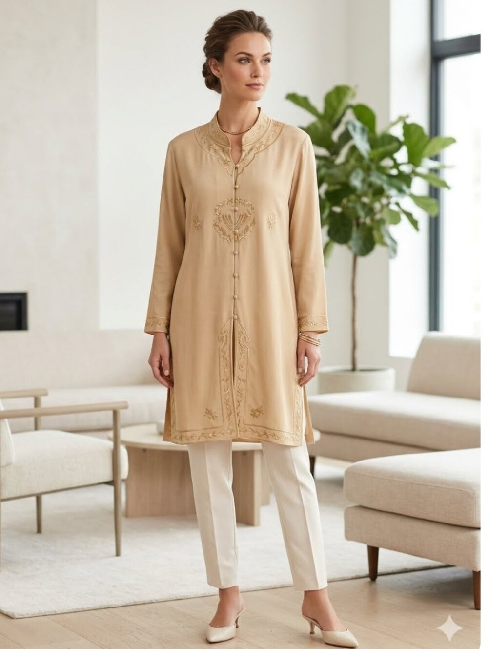 Vintage Embroidered Button-Front Women’s Top - Beige 100% Silk!!